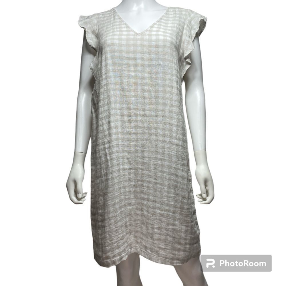 Cynthia Rowley Linen Beige White Gingham Plaid Pull Over Dress Womens Size S